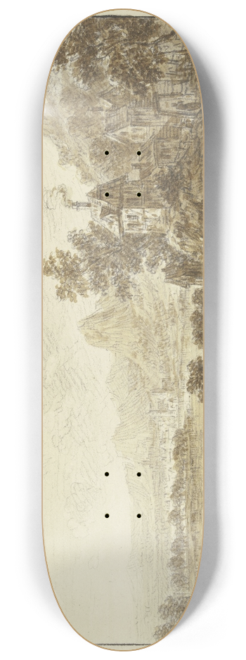 Franz Schtz - Flussgegend, rechts ansteigendes Gebirge, im Vordergrund bei einem Dorf drei Figuren 8.25 inch art skate deck