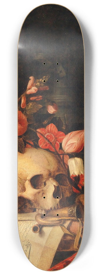 Cornelius Norbertus Gijsbrechts - A trompe-loeil vanitas still life 8.25 inch art skate deck