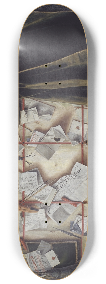 Cornelius Norbertus Gijsbrechts - Trompe Loeil Of A Letter Rack With Proclamation By Frederik III 8.25 inch art skate deck