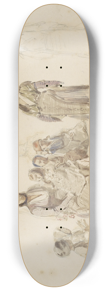 Denis Auguste Marie Raffet - Studieblad met zittende vrouw en kinderen, te Dereky in Turkije 8.25 inch art skate deck