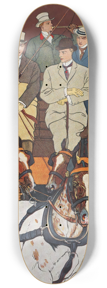 Edward Penfield - Five men riding in a carriage drawn by four horses 8.25 inch art skate deck