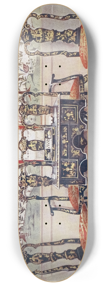 Edwin Foley - Black lacquer settee, chairs and table, red lacquer mirror 8.25 inch art skate deck