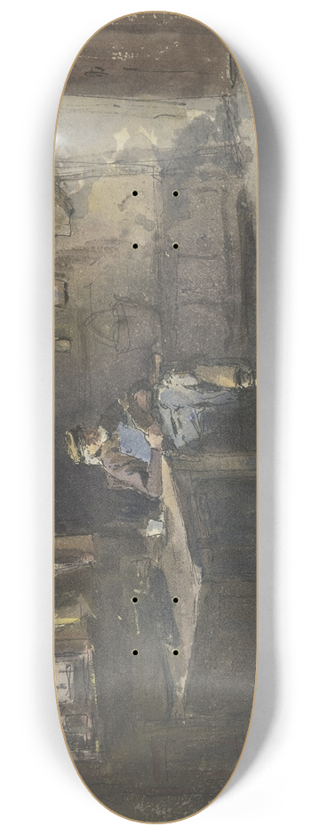 Ferdinand Balzer - Alter sitzender Mann in einfachem Wohnraum lesend 8.25 inch art skate deck