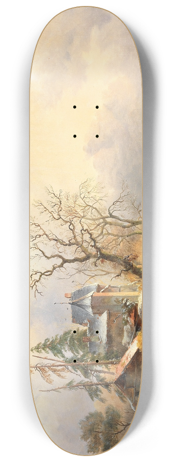 Frederik Marinus Kruseman - Winter landscape with figures near a mansion 8.25 inch art skate deck
