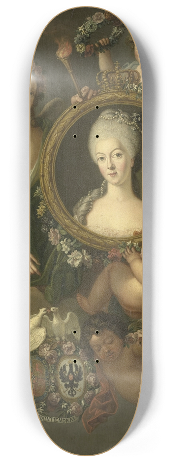 Friedrich Reclam - Portrait of Wilhelmina of Prussia in a medallion with allusions to her marriage to Prince William V on 4 October 1767 in Berlin (Frederika Sophia Wilhelmina) 8.25 inch art skate deck