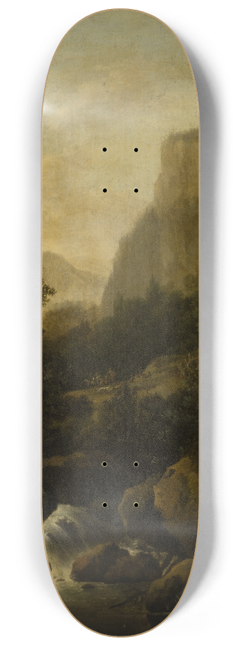 Frederik de Moucheron - Mountain Landscape with Deer Hunt at a Waterfall 8.25 inch art skate deck