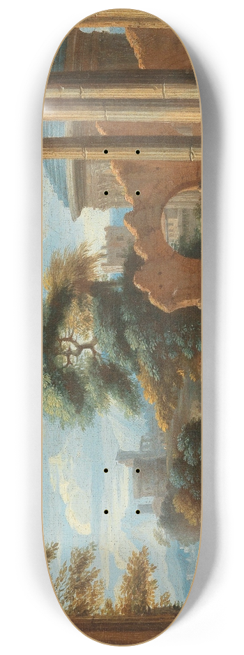 French School - A river landscape with figures by ruins 8.25 inch art skate deck