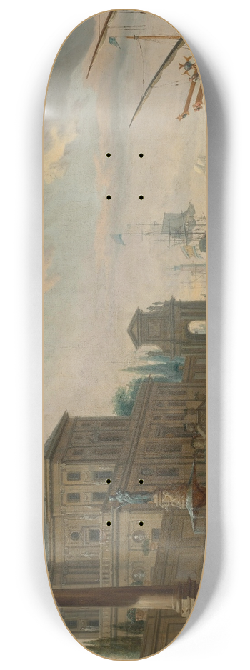 Abraham Storck - Italianate harbor scene with figures and animals in a grand architectural setting 8.25 inch art skate deck