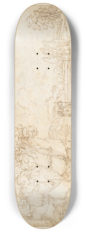 Giovanni Francesco Grimaldi - Cliffs at Riverbank withFishermen 8.25 inch art skate deck