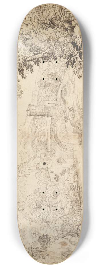Giovanni Francesco Grimaldi - Landscape with a Bridge and Two Figures 8.25 inch art skate deck
