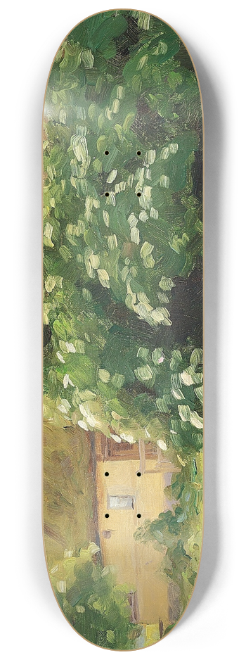 Hans Andersen Brendekilde - Blomstrende hyldebusk og hund ved indgangen til en strtkt grd i landsbyen 8.25 inch art skate deck