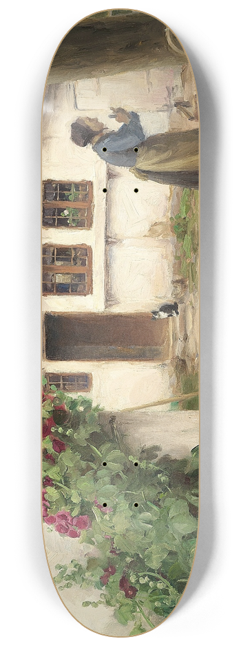 Hans Andersen Brendekilde - En kone ved et bondehus med rde stokroser 8.25 inch art skate deck