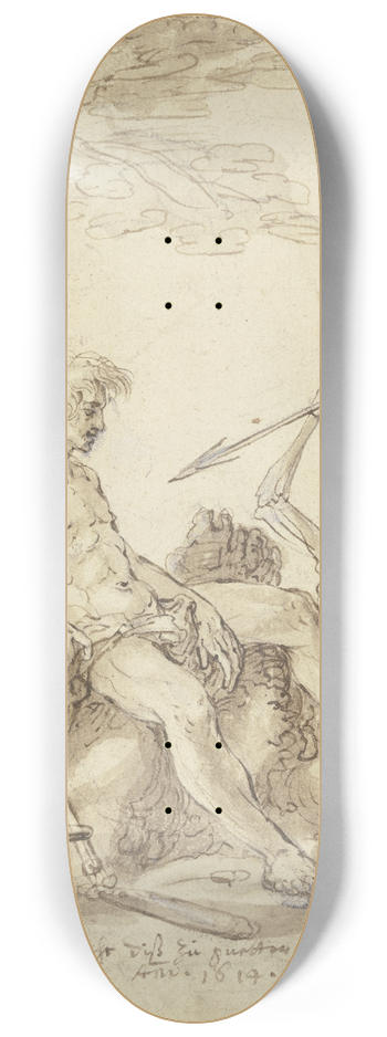Isaak Major - Ein Jngling unter einem Baum sitzend wird vom Tod mit einem Pfeil bedroht, links am Boden liegen Dreschflegel, Hammer und Ambo 8.25 inch art skate deck