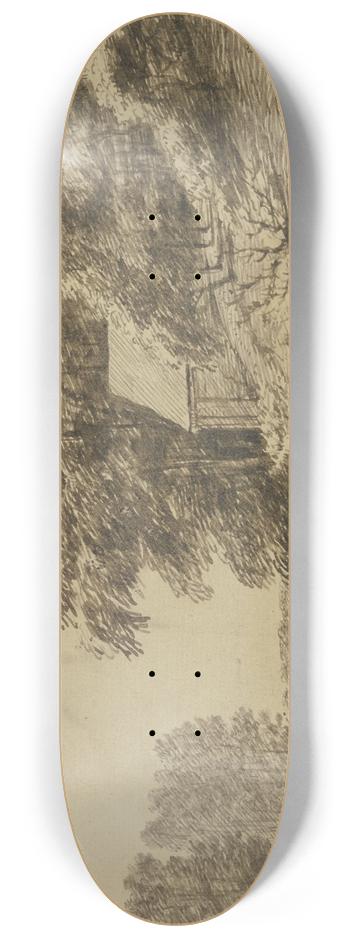 Jacob Esselens - Landstrae durch den Wald, rechts unter hohen Bumen auf einem Abhang eine Htte 8.25 inch art skate deck