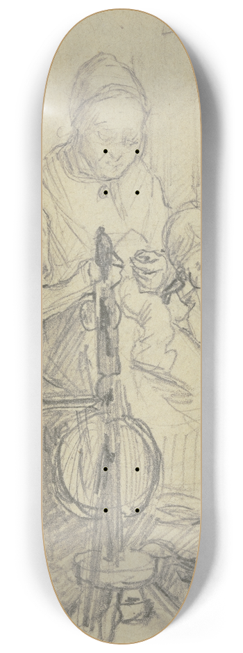 Jakob Frchtegott Dielmann - Eine Frau mit Kind und Katze beim Spinnrad sitzend 8.25 inch art skate deck