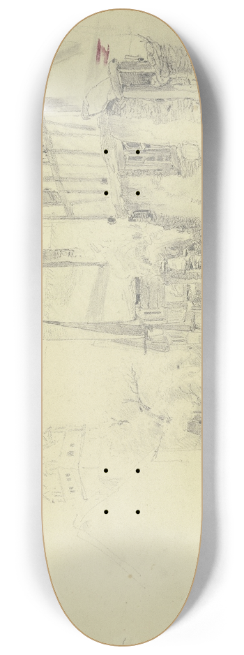 Jakob Frchtegott Dielmann - Strae im Dorf, rechts kommt aus dem Hause ein Mdchen heraus, im Hintergrund ein Turm 8.25 inch art skate deck