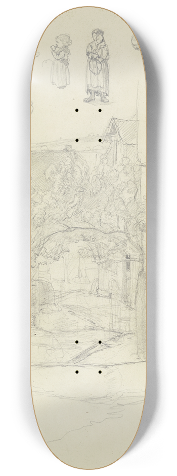 Jakob Frchtegott Dielmann - Studienblatt; Ansicht einer Strae in Kronberg, oben verschiedene Figurenstudien. 8.25 inch art skate deck