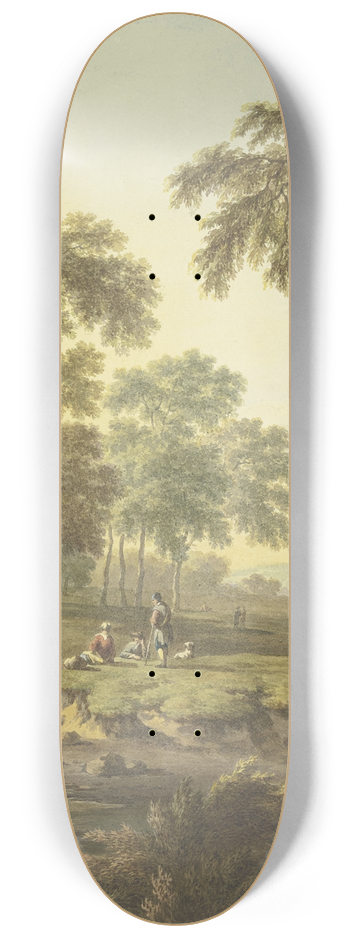 Abraham Teerlink - Waldwiese mit Wasser, auf dem Weg ein Reiter auf einem Schimmel, dabei einige ruhende Leute mit einem Hund 8.25 inch art skate deck