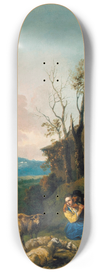 Jan Baptist Wolfaerts - Shepherds and their flock in a vast landscape 8.25 inch art skate deck