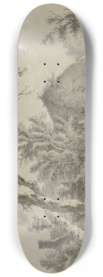 Jan Hulswit - Eichen und Htten, vorn am Weg sitzt ein ein Wanderer mit einem Bndel 8.25 inch art skate deck