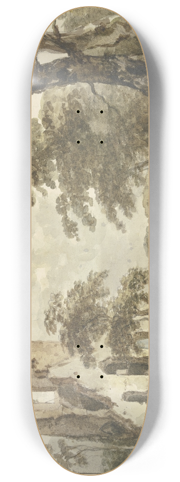 Jan Hulswit - Links am Wasser eine Ruine, rechts ein Angler und zwei weitere Figuren 8.25 inch art skate deck