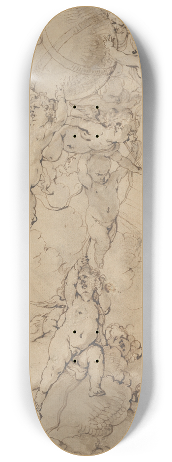 Jan Thomas - Putti in Clouds, Supporting a Globe 8.25 inch art skate deck