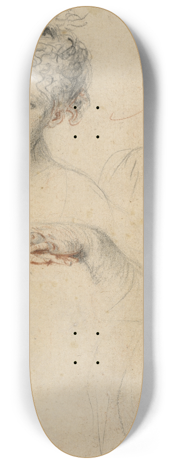 Jean-Antoine Watteau - Three Studies of a Womans Head and a Study of Hands (recto) 8.25 inch art skate deck