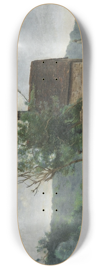 Jean-Baptiste-Camille Corot - Cour de ferme avec un cavalier et une petite fille au premier plan 8.25 inch art skate deck