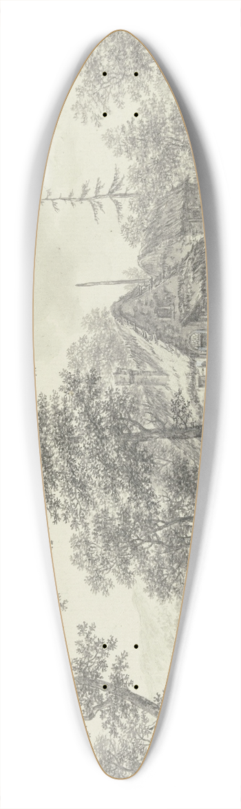 Karl Franz Kraul - Eichenwald mit zwei Strohhtten, im Vordergrund ein Bach mit zwei Bauern in einem Boot 39.3 inch art pintail longboard deck