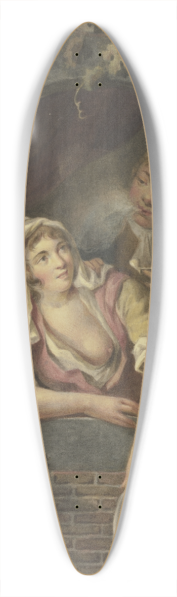 Lambert Antonius Claessens - Eine Frau mit entblstem Busen leert ein Nachtgeschirr zum Fenster hinaus, hinter ihr ein rauchender junger Mann 39.3 inch art pintail longboard deck