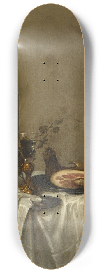 Gerrit van Vucht - Still life with a pewter jug, roemers and a leg of ham, together on a table draped with a white tablecloth 8.25 inch art skate deck