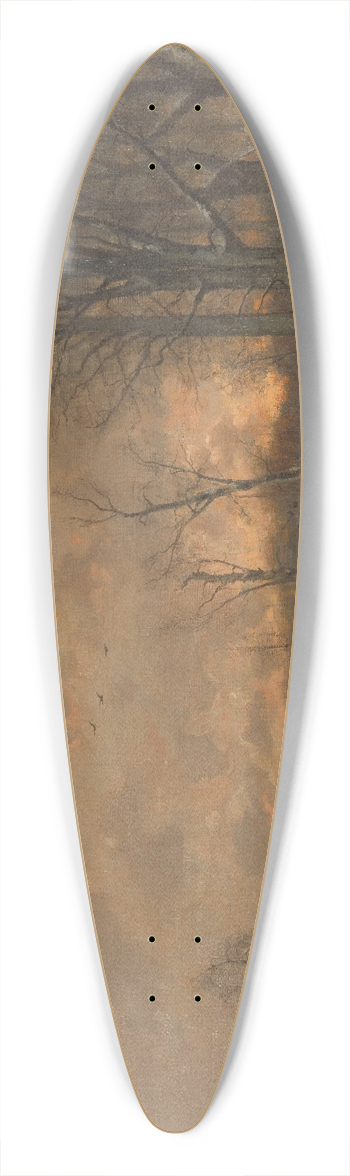 Louis Apol - Winter Scene with the Sun Setting Behind Trees 39.3 inch art pintail longboard deck
