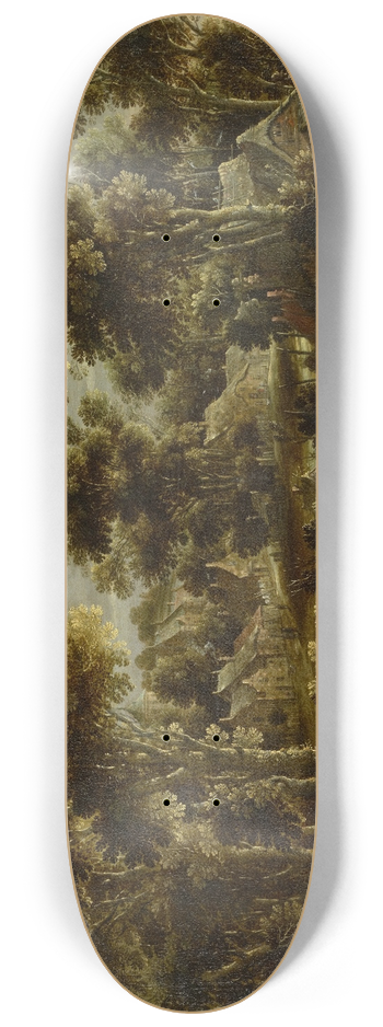 Gillis Claesz. de Hondecoeter - Forest Landscape with Village 8.25 inch art skate deck