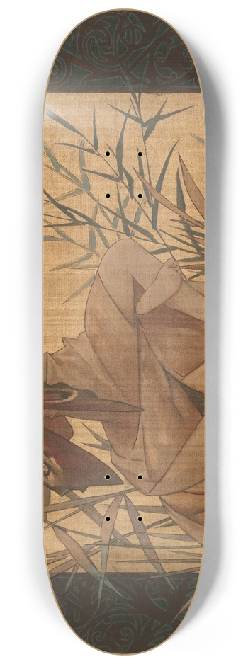 Alexandre de Riquer - Composition with winged nymph blowing amongst reeds 8.25 inch art skate deck