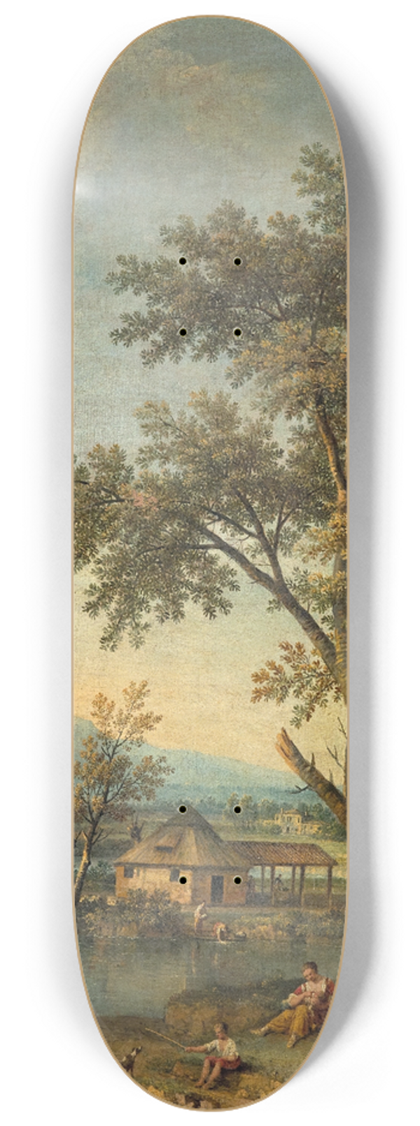 Giovanni Battista Cimaroli - A river landscape with figures resting in the foreground and a washerwoman beyond 8.25 inch art skate deck
