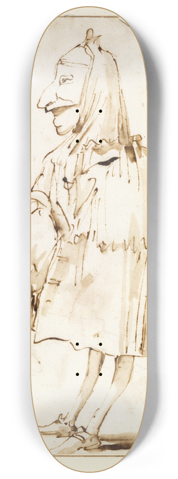 Giovanni Battista Tiepolo - Caricature of a Man in a Mask and a Cloak, Holding a Muff and a Tricorne, Standing in Profile to the Left 8.25 inch art skate deck