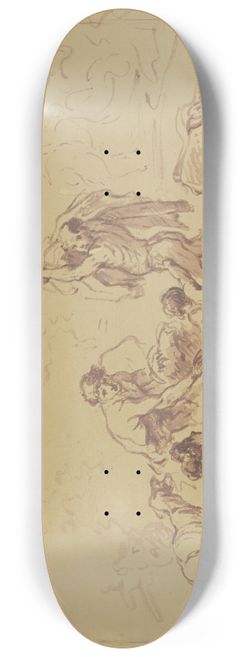Giovanni Benedetto Castiglione - Zwei Mnner, Frau und Kind an einer Wasserstelle zwischen antiken Architekturfragmenten 8.25 inch art skate deck