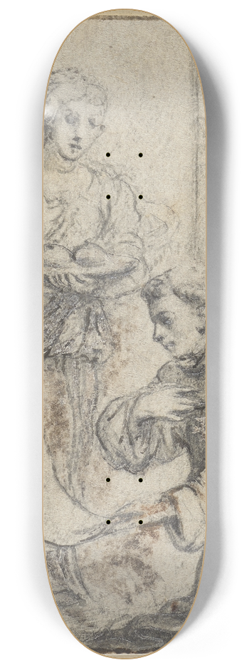 Abraham van Diepenbeeck - Ein Mnch kniet vor einem groen Engel, der eine Palme hlt und einem kleinen, der eine groe Papierrolle hlt 8.25 inch art skate deck