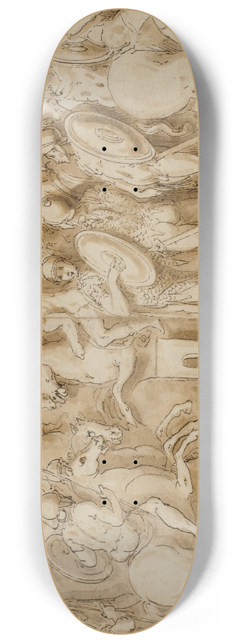 Giovanni Guerra - Sarmatere fremfrt for det kejserlige rd; Marcus Aurelius og Pompejus p hesteryg, omgivet af vagter, betragter et mindre opgr; germanske adelsmnd overbringer en meddelelse 8.25 inch art skate deck