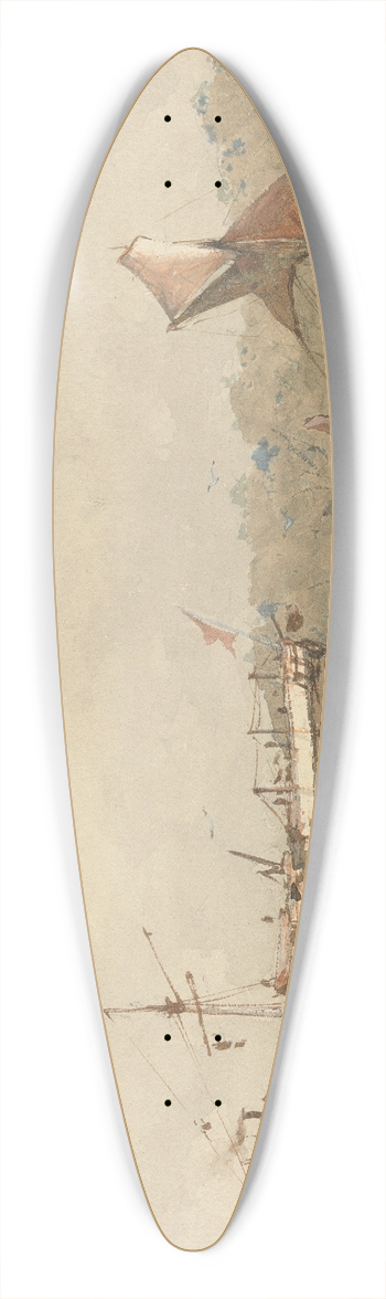 Richard Henry Nibbs - A Moored Barque and Barge in a River 39.3 inch art pintail longboard deck