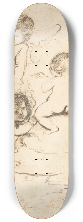Guercino - Four Putti with Bow and Arrows on Clouds above a Landscape with a Tower 8.25 inch art skate deck