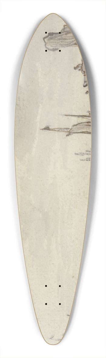 Simon de Vlieger - Meeresstrand mit ruhiger See, rechts im Mittelgrunde hlt ein Wagen, sieben Segel in Sicht 39.3 inch art pintail longboard deck