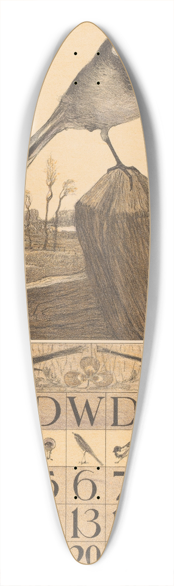 Theo van Hoytema - Kalenderblad april met kwikstaart 39.3 inch art pintail longboard deck