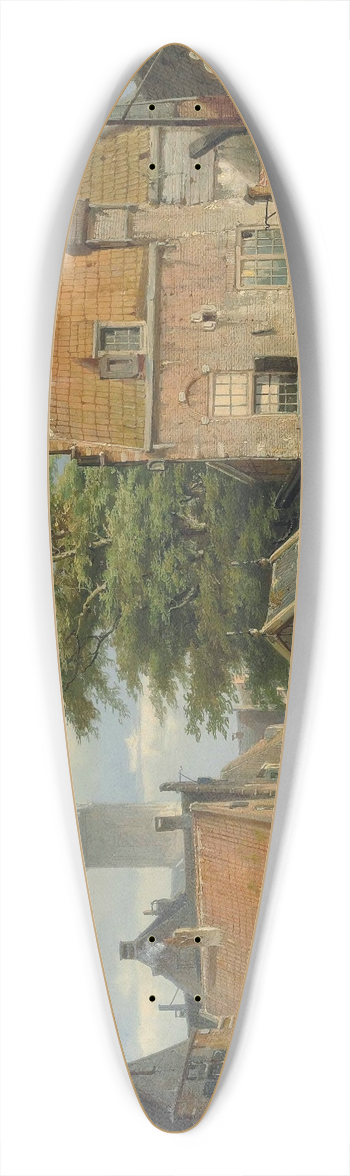 Willem Koekkoek - Figures on a bridge by a Dutch canal 39.3 inch art pintail longboard deck