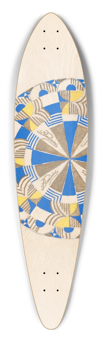 Winold Reiss - Graphic design drawings for Barricini Candy packages.] [Study, wheel pattern lid design in blue, yellow, and gold 39.3 inch art pintail longboard deck