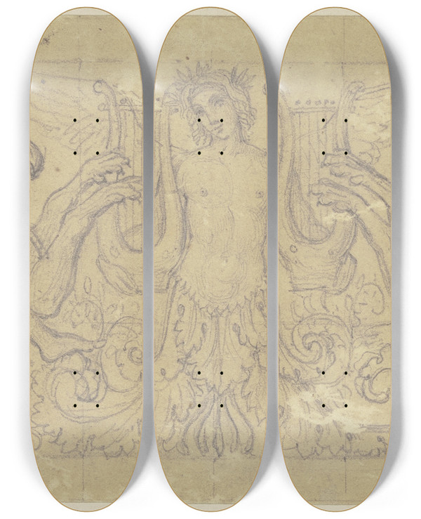 Triptych art skateboard deck of Peter Von Cornelius Nymphen Und Satyrn Auf Fabeltieren by Peter Von Cornelius (1784-1867)