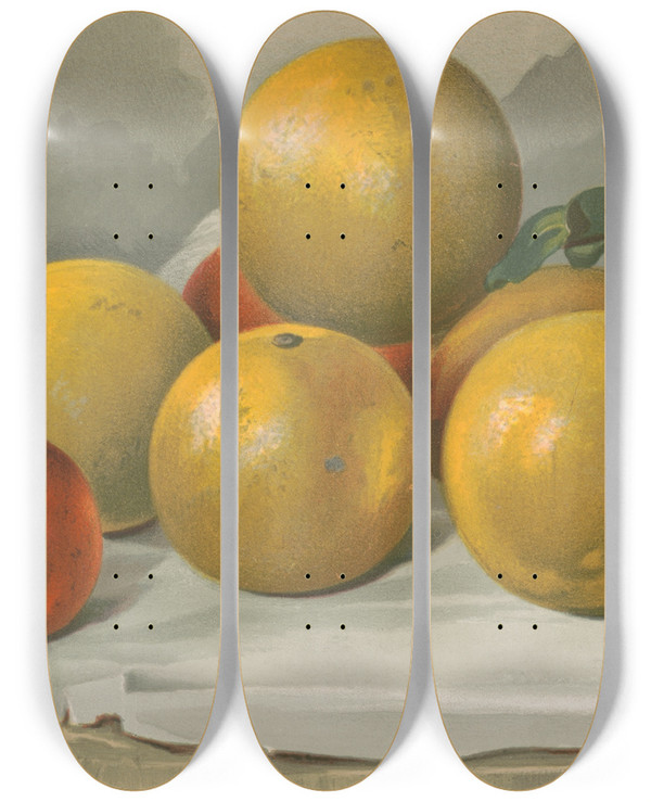 Triptych art skateboard deck of J E Barclay Study Of Oranges by J E Barclay