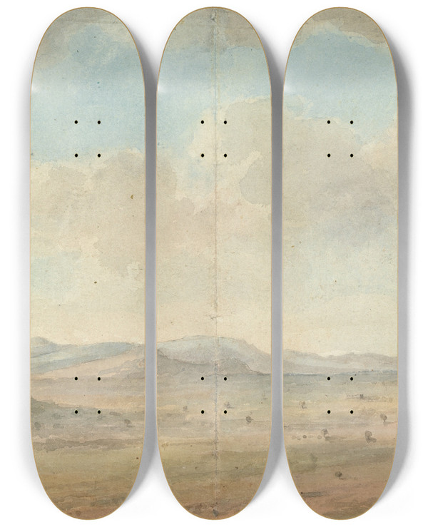 Triptych art skateboard deck of Willey Reveley Landscape With Hills In Distance by Willey Reveley (1760-1799)