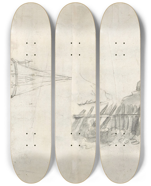Triptych art skateboard deck of Antonie Waterloo A Steepled Faade And Farm House by Antonie Waterloo (1609-1690)