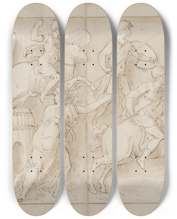 Triptych art skateboard deck of Giovanni Guerra Tre Brestole Romerne Angriber En Hvdings Boplads Romerne Marcherer Tilbage Til Lejren by Giovanni Guerra (1544-1618)